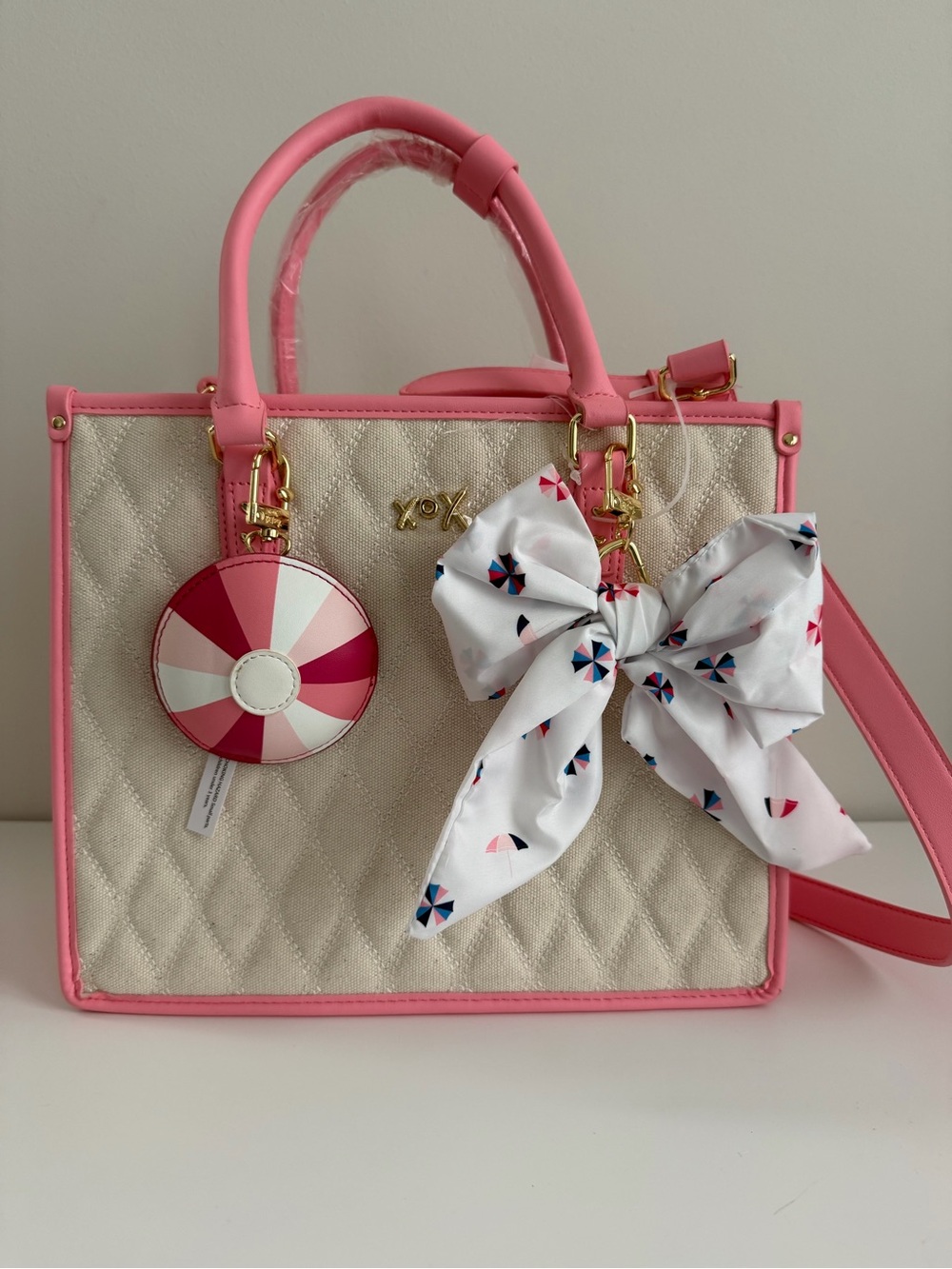 Betsey Johnson Pink and Cream Quilted Top-Handle Tote with Bow Charm